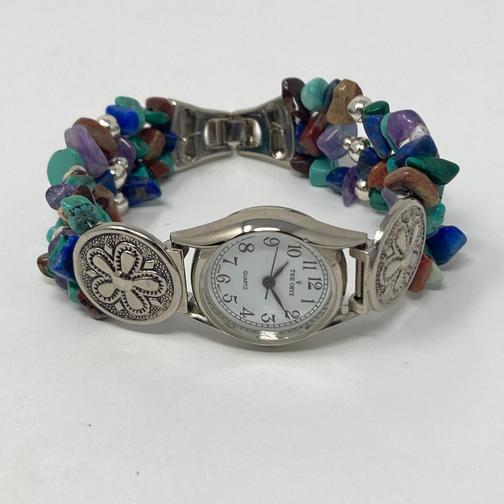 Oryx Watch Women Silver Tone Gemstone Band Amethyst Jasper 24mm New Batter 7.25" - Picture 11 of 16
